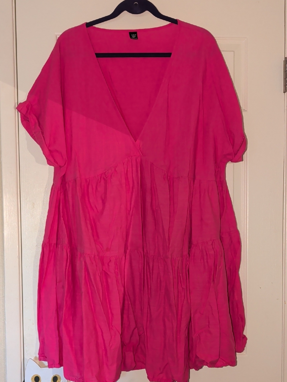 SHEIN Hot Pink V-Neck Tiered Short Sleeve Baby Doll Style Dress